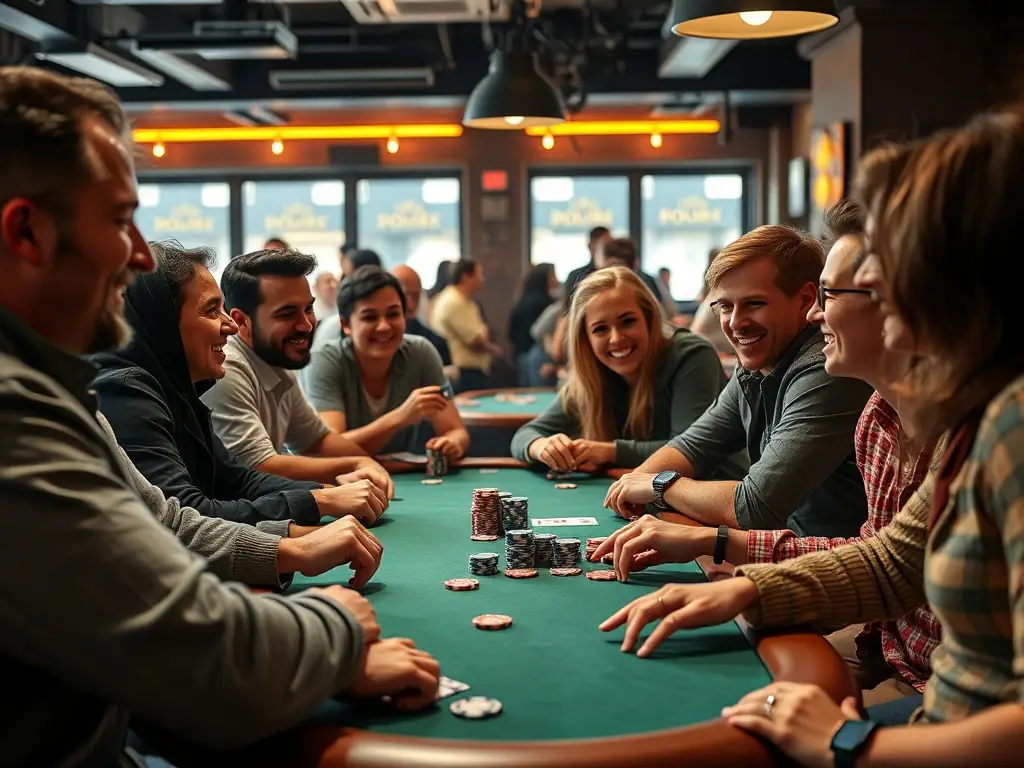 A group of people socializing and laughing together at a poker club event, emphasizing the social and community aspect of the organization.