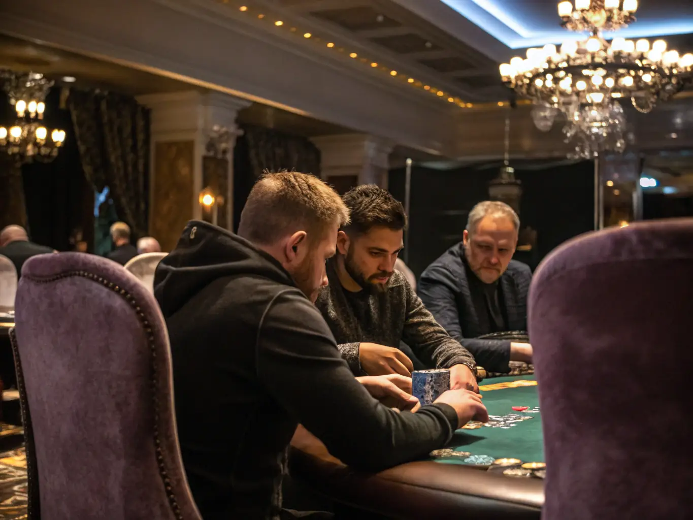 A group of poker players intently focused on a game, showcasing the strategic thinking and concentration involved in poker, set in a well-lit, professional environment.