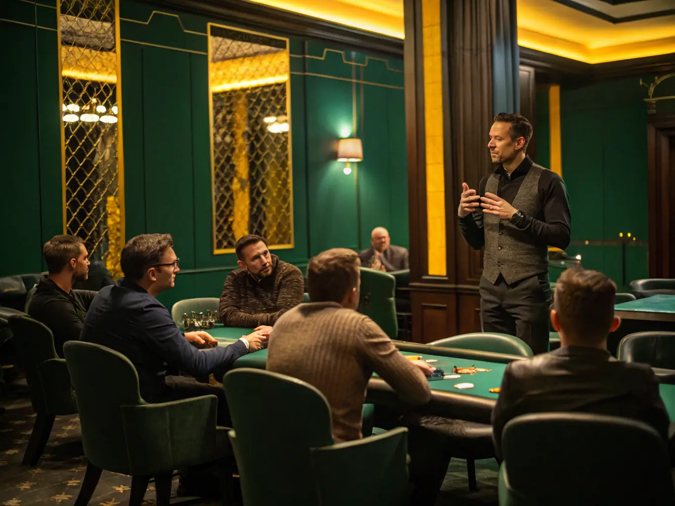 A classroom setting with an instructor teaching poker strategies on a whiteboard, emphasizing the educational aspect of the club's activities.