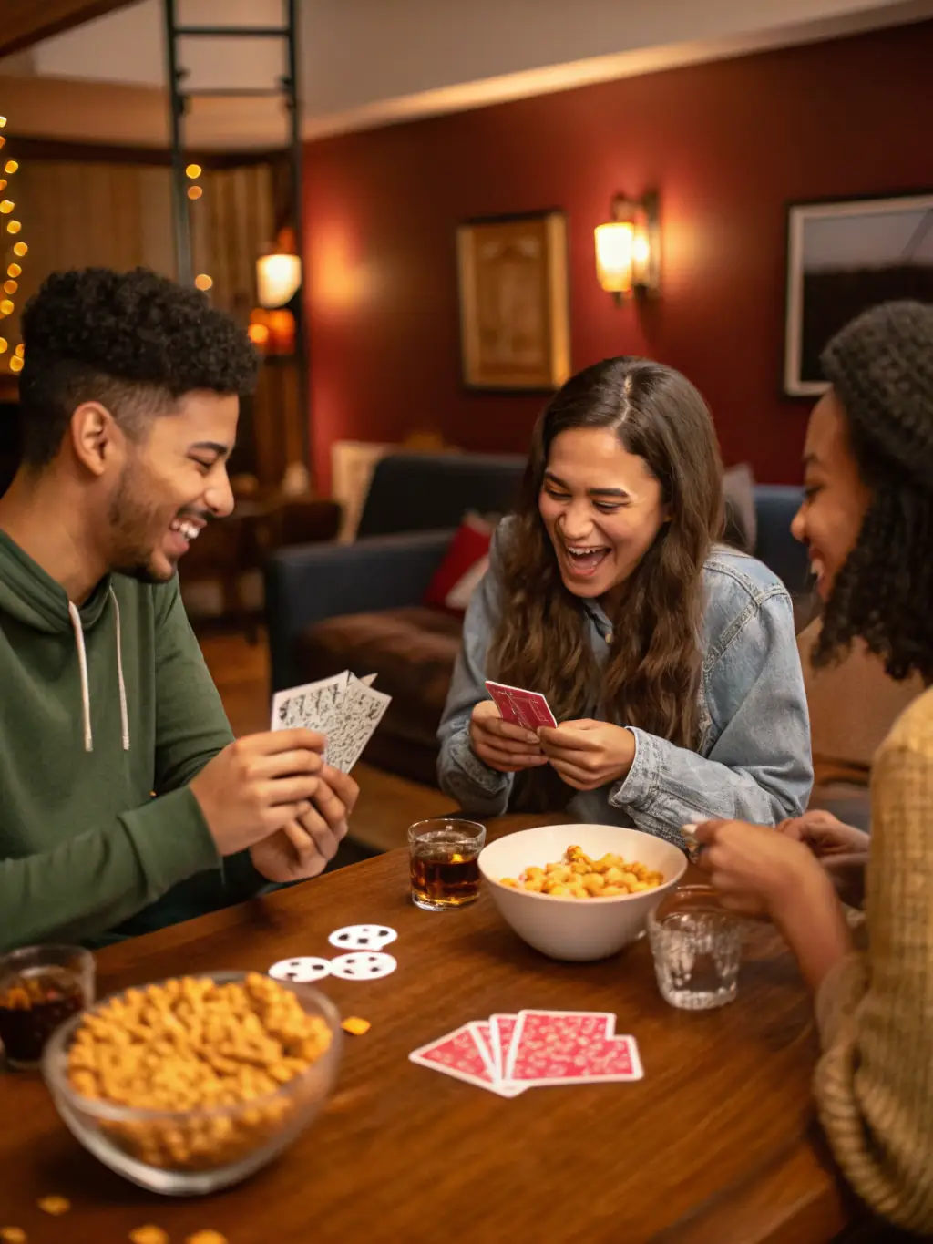 Image of a friendly poker game in a well-lit, comfortable setting, emphasizing the social aspect and community building.