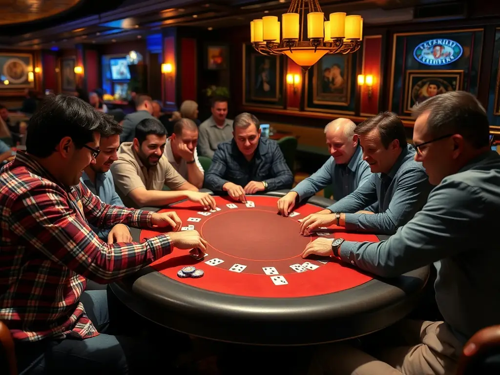 A group of poker club members participating in a friendly poker tournament, showcasing the social aspect of the club.