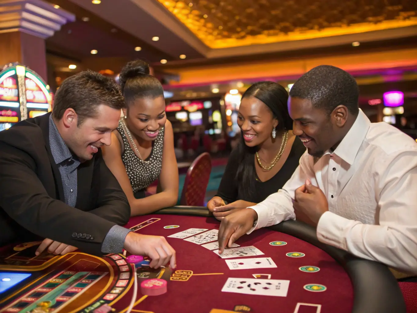 A diverse group of people socializing and playing poker in a relaxed, inclusive setting, highlighting the social connection and community aspect of the club.